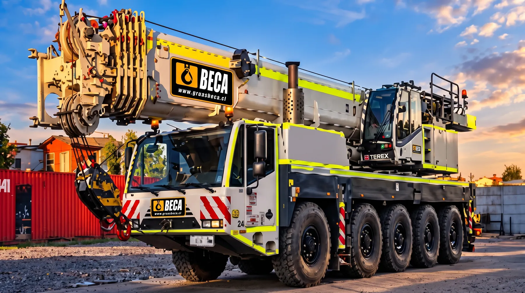 Terex Demag AC 140 con el logo de Grúas Beca vista de frente