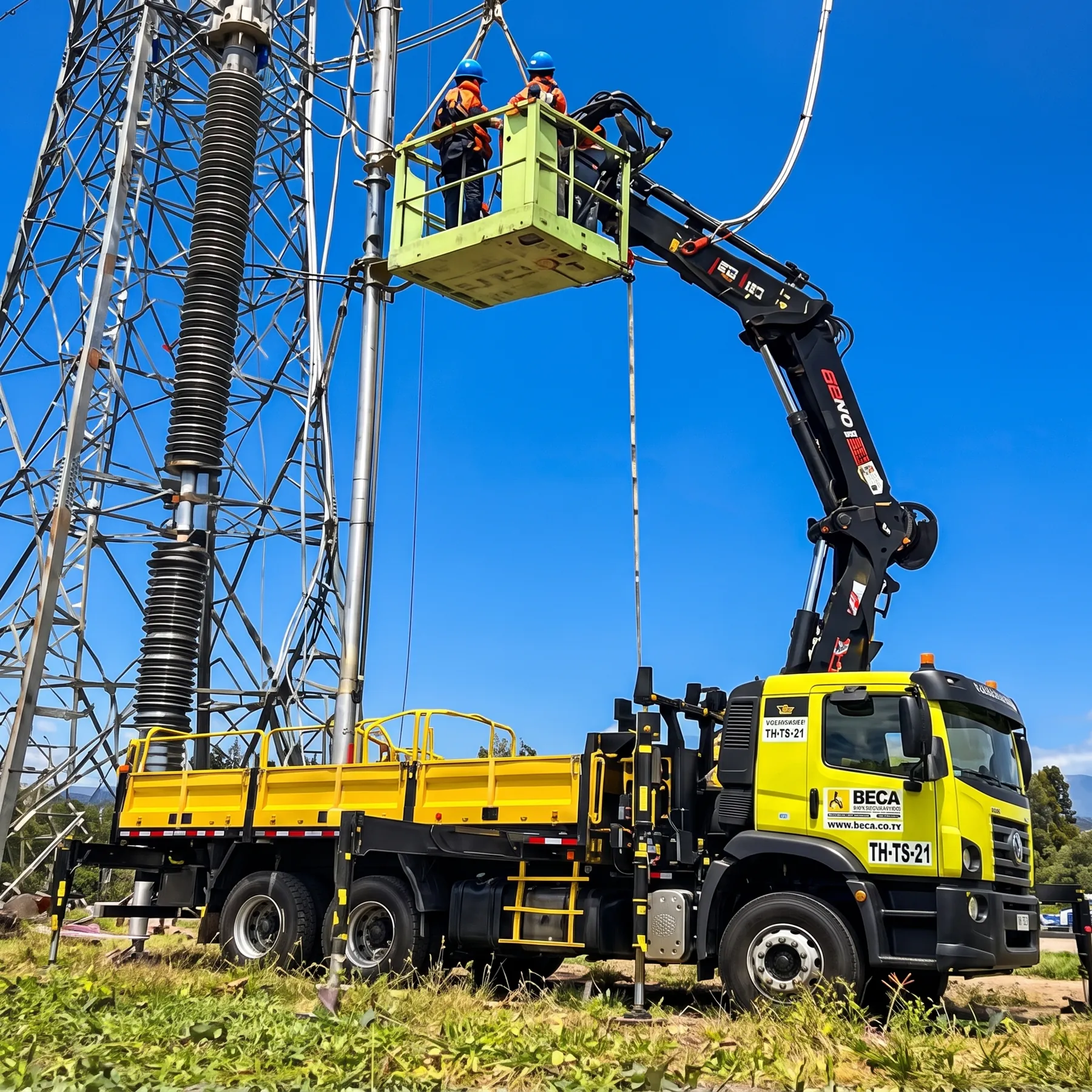 VW 32.360 elevando a un operario en capacho junto a una torre eléctrica